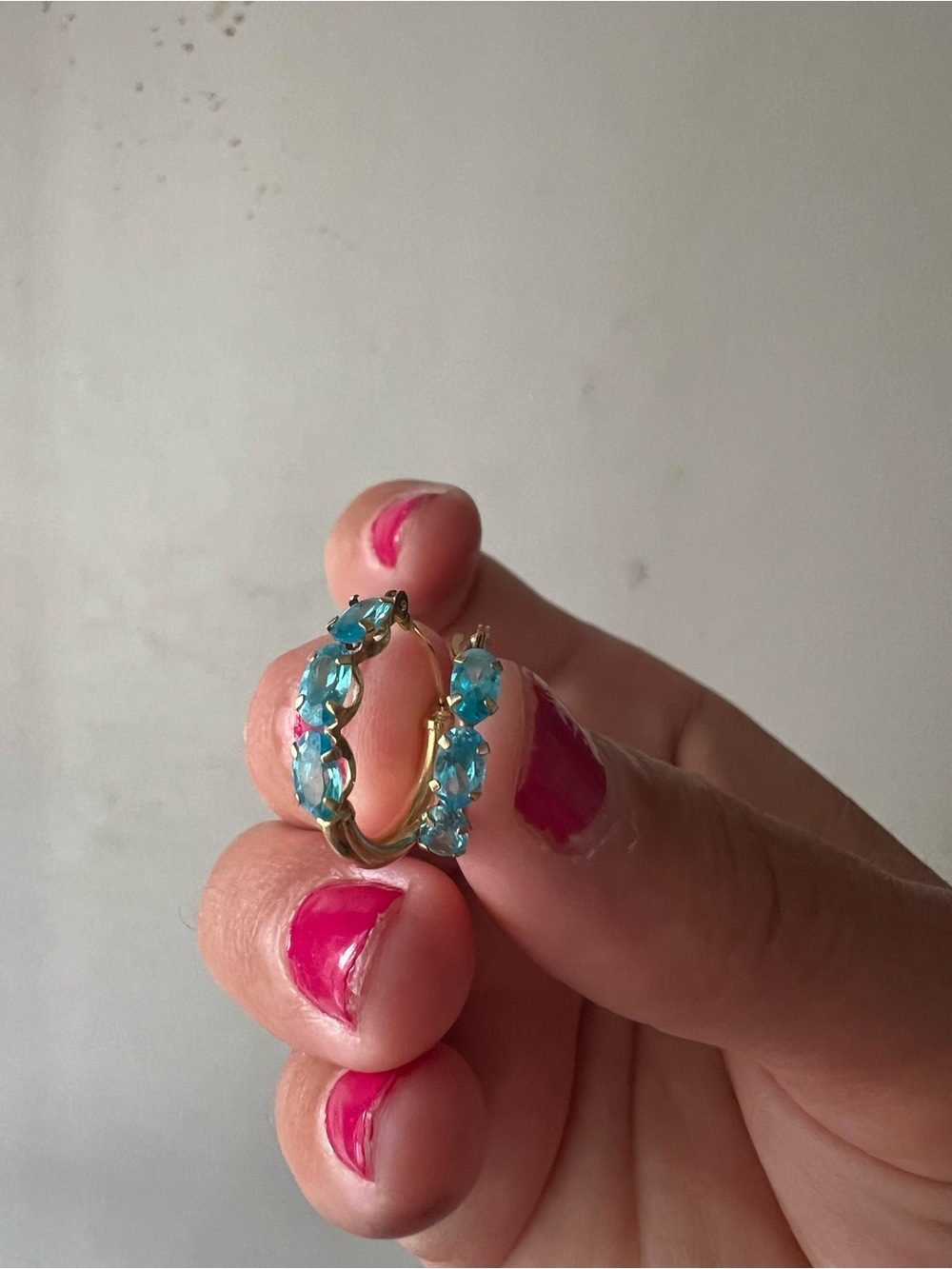 Elegant 14K Gold Hoop Earrings with Aqua Blue Gemstones - Picture 2 of 3